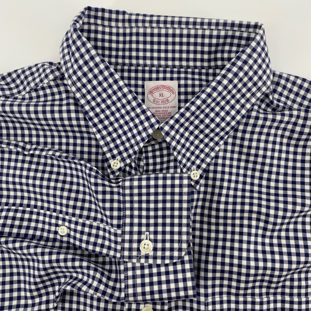 Brooks Brothers Men's XL Non-Iron Gingham Button Down Shirt Navy White Cotton